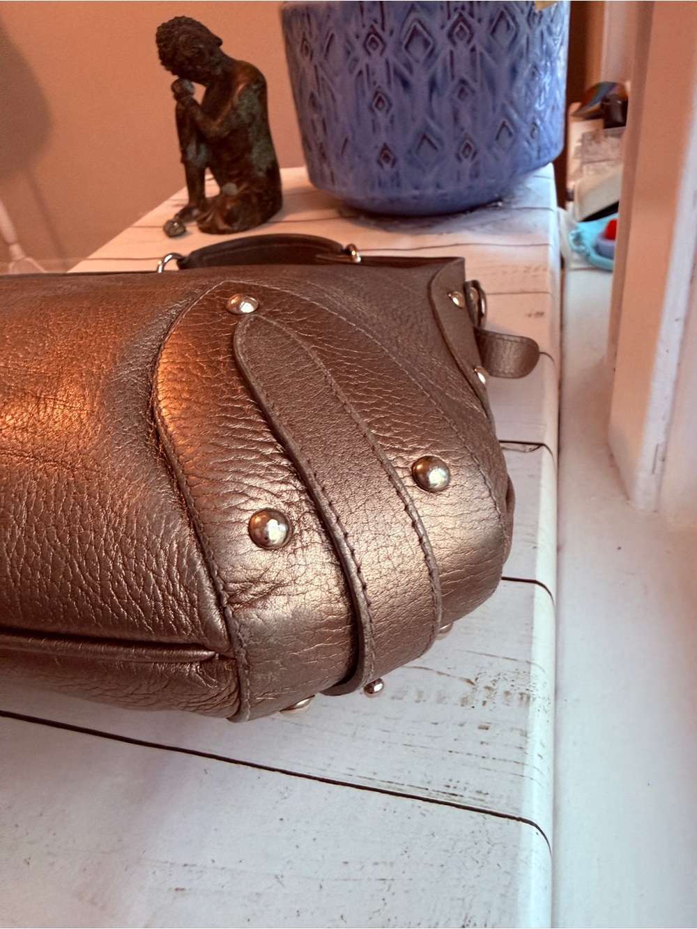 Furla | Vintage Metallic Taupe Pebbled Leather Hobo‎ Shoulder Bag - Picture 7 of 15